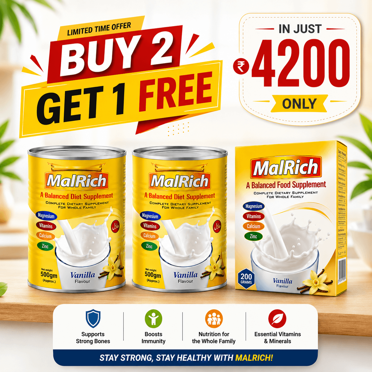 MalRich weight gain supplement Family Nutrition Combo 2×500 grams plus 1×200 grams