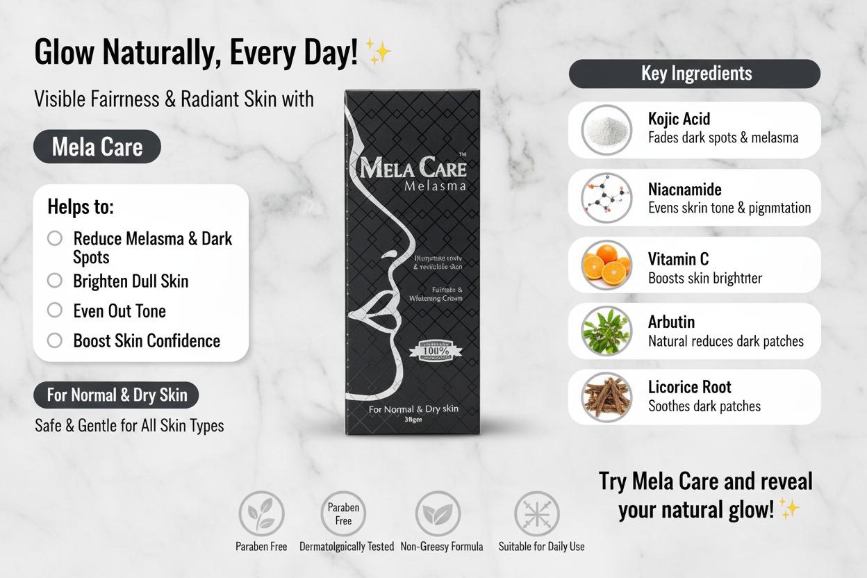 Mela Care Melasma Fairness & Whitening Cream – Product Infographic