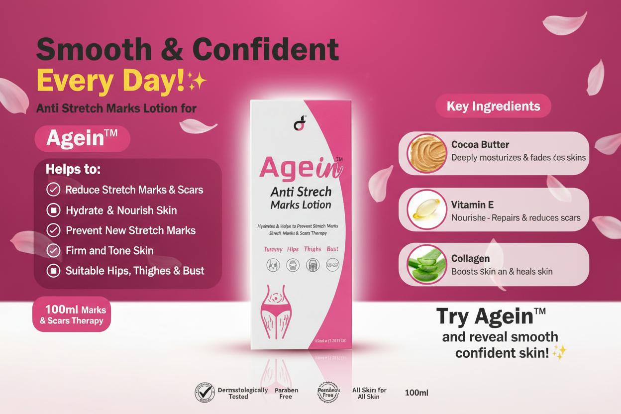 Agein Anti Stretch Marks Lotion – Key Ingredients & Benefits Infographic