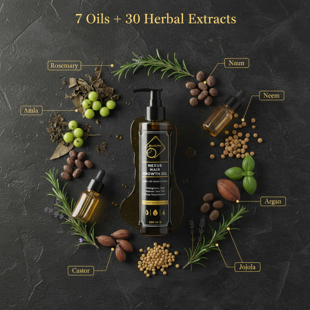 Nexus Hair Oil – Flat Lay